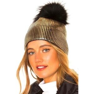 Jocelyn genuine silver Fox fur pom beanie gold metallic revolve